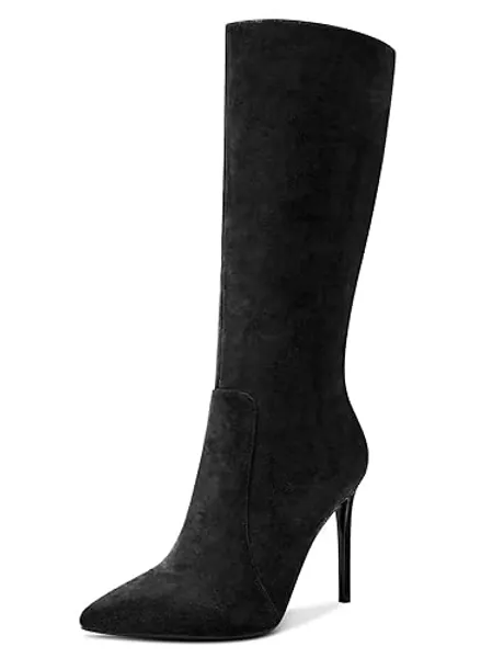 Aachcol Women Mid Calf Boots Stiletto High Heel Pointed Toe Zipper Classic 4 Inch