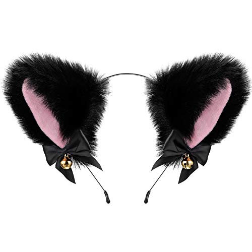 WILLBOND Cat Ears Hair Band Cosplay Cat Ears Hair Accessories Cat Ear Headband with Bells Hair Accessories for Women Girls Daily Decoration and Party - Black With Pink
