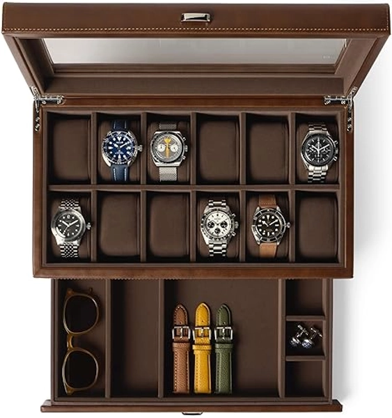 TAWBURY 12 Slots Watch Box Organizer for Men ā Luxury Watch Display Case for Men | 12 Slot Watch Organizer | Mens Watch Case 12 Slot | Watch Storage Case for Men - Brown