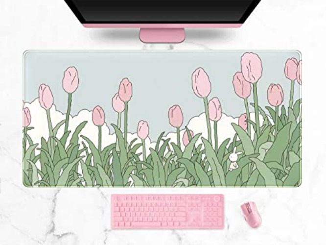 WatercolorTulip Flower Mouse Pads,Extended Gaming Mousepad XXL Kawaii Anime Desk Mat Pink Green Large Full Desk Mouse Pad for Wireless Mouse Keyboard Mat with Stitched Edges 31.5"x15.75 - Gouache Floral