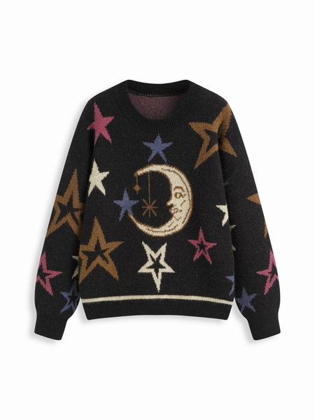 Knit Star & Moon Pattern Oversized Top