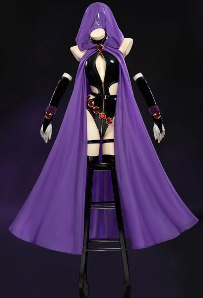 Gothic Sexy Black Halter Backless Bodysuit Cutout Leather Bodysuit with Hooded Cape and Belt