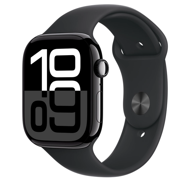 Apple Watch Series 10 GPS + Cellular, 46mm Jet Black Aluminum Case with Black Sport Band - M/L