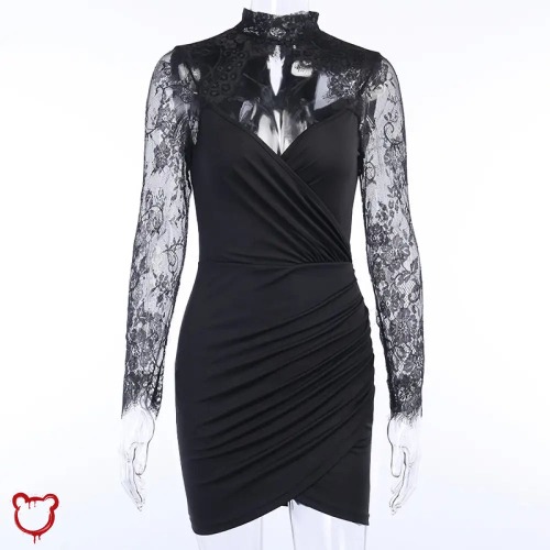 Black Goth Mesh Lace Dress - Black / M