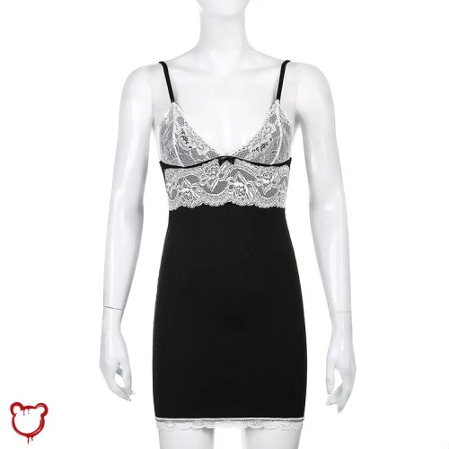 Black Patchwork Lace Dress - Black / M