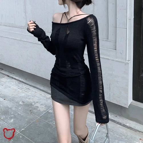 Split Distressed Sweater - Black