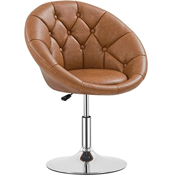 Yaheetech Vanity Chair Makeup Chair Swivel Accent Chair Height Adjustable Round Back Tilt Chair with Chrome Frame for Makeup Room, Living Room, Retro Brown