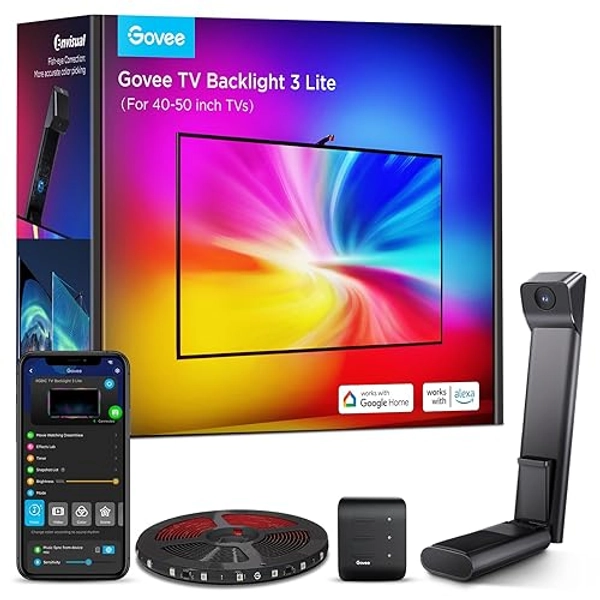 Govee TV Backlight 3 Lite with Fish-Eye Correction Function Sync to 40-50 Inch TVs, 7.8ft RGBICW Wi-Fi LED Strip Lights with Camera, 4 Colors in 1 Lamp Bead, Voice and APP Control, Adapter