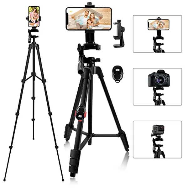 iPhone Tripod, 54" Lightweihgt Travel Tripod with Phone Holder Adapter/Carry Bag for Selfie, Video, Live Stream, Vlogging, Facebook, Tiktok (Black)