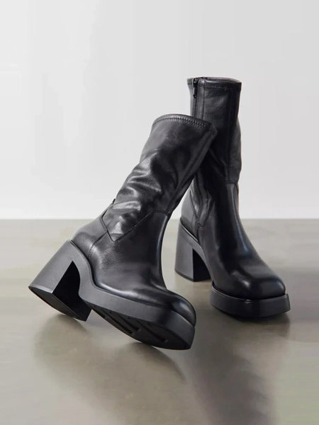 Genuine Leather Chunky Heel Boots with Increased Height, Elastic Slim Short Boots in Cowhide