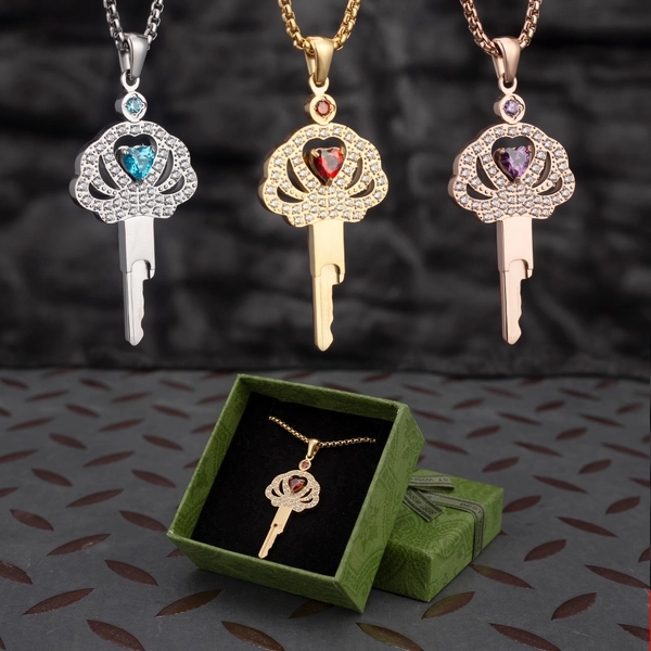 MATURE Three Colors Crown Jewelry Exquisite Crown-Shaped Cage Key Necklace with four colors Gemstone Accents Thoughtful Gifting