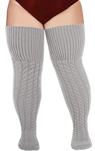 Wool Plus Size Thigh High Socks For Thick Thighs- Extra Long Womens Warm Cable Knit Over Knee Stockings Leg Warmers