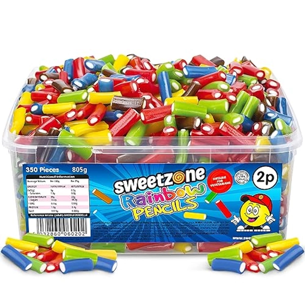 Sweetzone Rainbow Mini Pencils, Retro Sweets Tub, Candy Sticks, 350 pc, 805 g, Halal Sweets, Sweets Bulk, Sweet Cart, Gummy Sweets, American Candy, UK British Sweets for Sweet Enthusiasts