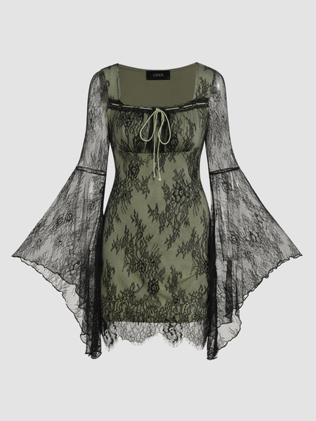 Floral Knotted Lace Bell Sleeve Mini Dress