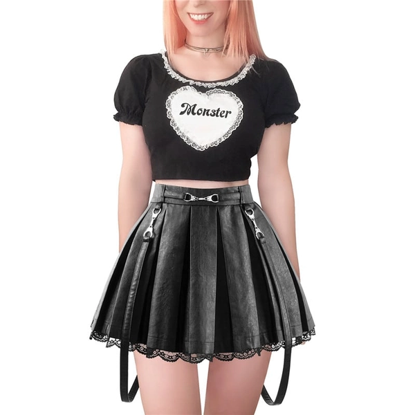 Troublemaker Pleated Faux Leather Skirt-Black - LittleForBig Cute & Sexy Products