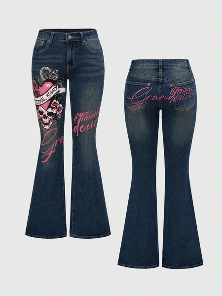 ROMWE Grunge Punk Women's Y2K Style Vintage Skeleton & Heart Graphics Embroidered Letter Stretchy Flare Leg Jeans, Summer Outfits