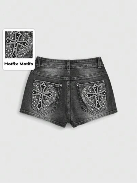 ROMWE Grunge Punk Women's Gyaru Summer Retro Cross Embroidery Rhinestone Denim Shorts, School