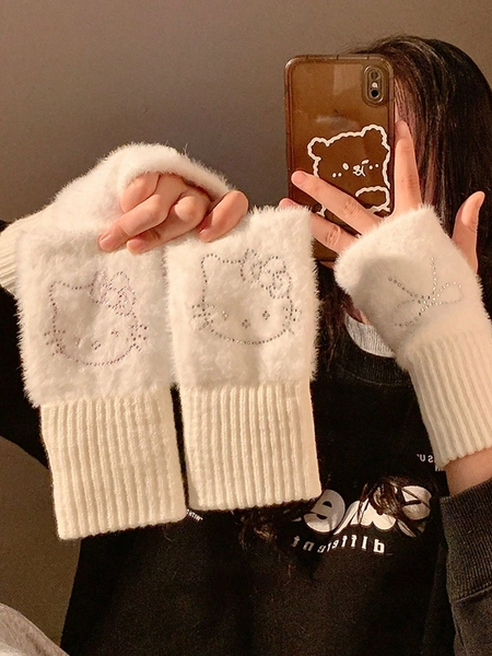 Disney 1 Pair Cute Cartoon Kitty Cat Design Warm Faux Rabbit Fur Winter Fingerless Gloves For Students & Cycling