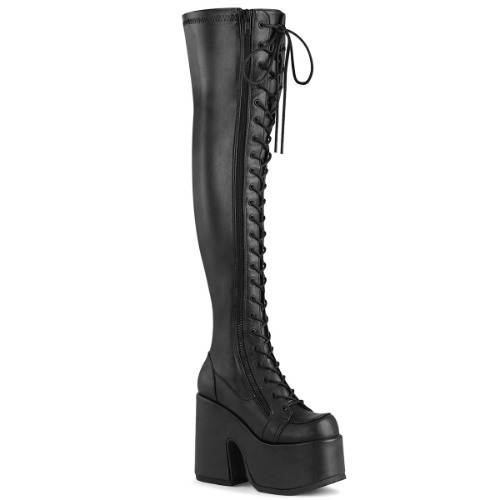 Demonia CAMEL-300 | Black Stretch Vegan Leather Above Knee Boots - 10 / Black