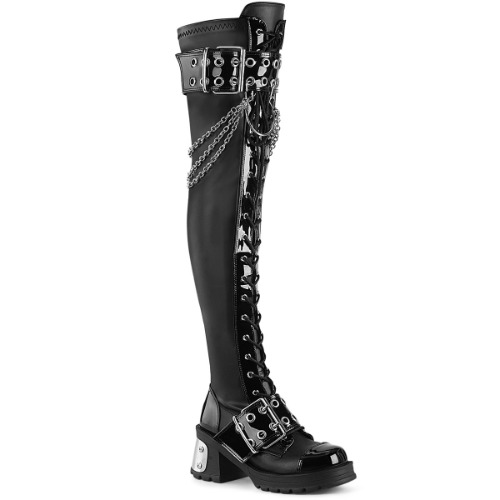 Demonia BRATTY-304 | Black Stretch V. Leather Above Knee Boots - 10 / Black