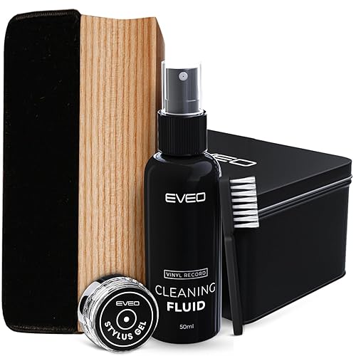 EVEO Premium Vinyl Record Cleaner Kit - Complete 4-in-1 Vinyl Cleaning Kit for Albums - Includes Soft Velvet Brush, Cleaning Liquid, Duster & Stylus Cleaning Gel