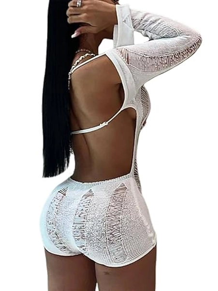 Tinodu Women Sexy Off Shoulder Crochet Knitted Hollow Out Long Sleeve Romper Backless Bodycon Party Club Night Rompers