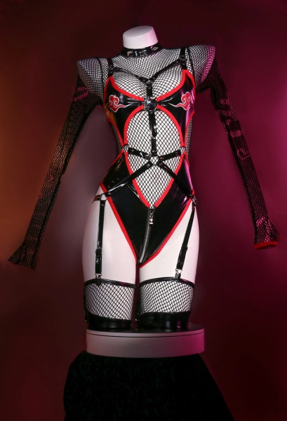 Halloween Ninja Sexy Lingerie Set Black Cutout Zipper Bodysuit with Long Sleeve Mesh Top and Stockings