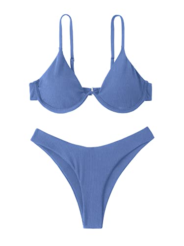 Verdusa Women's 2 Piece Triangle Bikini High Cut Bathing Suit Swimsuit - Large Blue