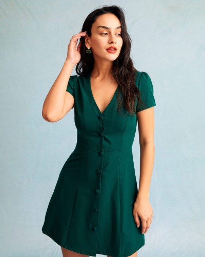 The Dark Green V Neck Button-up Shirt Mini Dress | Dark Green / L
