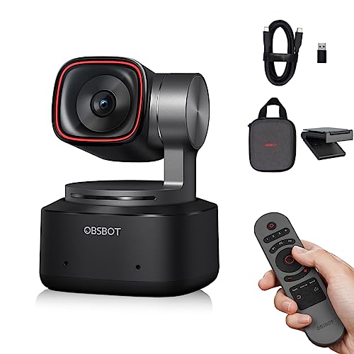 OBSBOT Tiny 2 AI-Powered PTZ 4K Webcam 1/1.5" CMOS 4X Faster Focusing USB 3.0 10x Faster Data Transmission Voice Control, W Tiny Smart Remote 2 - Tiny 2 +Tiny Smart Remote 2