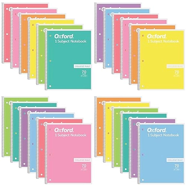 Oxford Spiral Notebook College Ruled - 24 Pack - 1 Subject Spiral Notebooks for Work and School - 8 x 10-1/2 Inch - 8 Pastel Colors - 70 Sheets