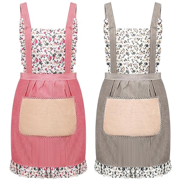 AUGSUN 2Pcs Women Aprons with Pockets, Girls Floral Apron with Big Pocket Baking Soft Chef Aprons for Kitchen Cooking Baking