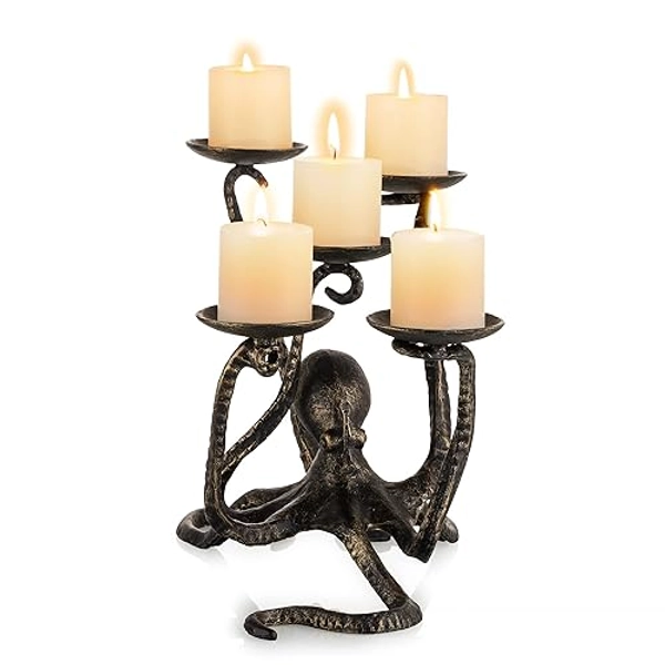 Sziqiqi Bougeoir Pieuvre pour 5 Bougies, Chandeliers Supports pour Bougies Chauffe-Plat Piliers en Fonte Figurine Gothique Candélabres Décorative Centre de Table pour Halloween Cheminée Décoration