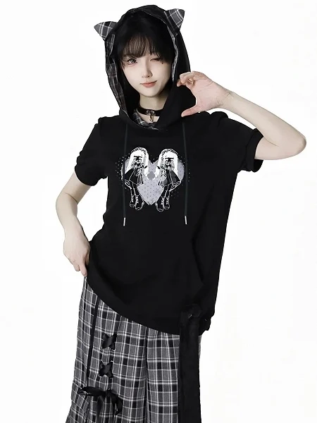 [$43.00]Black Kitty Ears Design Hood Graphic T-Shirt