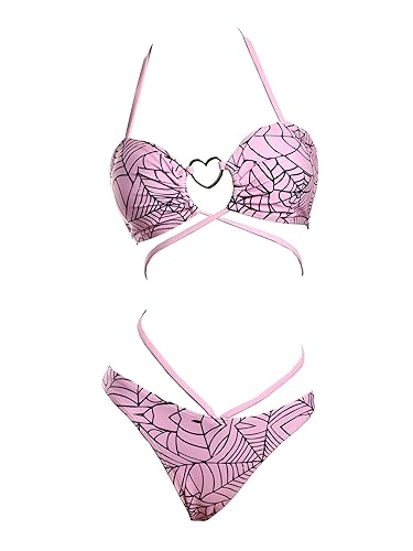 MEOWCOS Goth Bikini Swimsuit Gothic Pink Spider Web Print Bathing Suit Dark Style Goth Swimsuit - Pink - Small