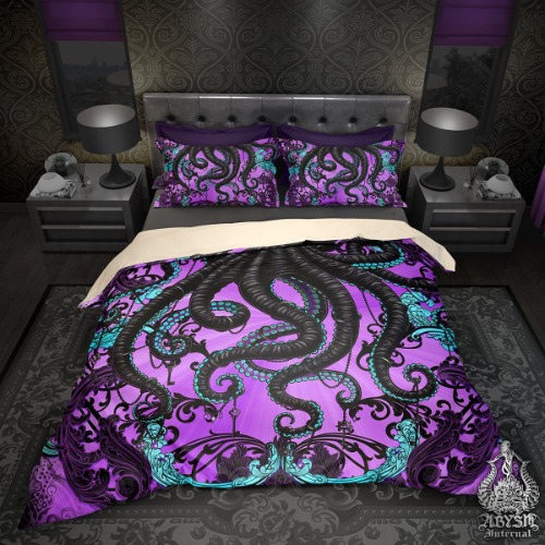 Pastel Goth Bed Cover, Duvet and Comforter, Black Octopus, Gothic Bedding Set and Beach Bedroom Decor, King, Queen and Twin Size - Purple | Duvet Cover (No Stuffing) / King - 88x104'' / None