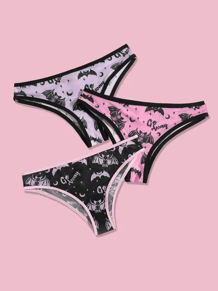 3pack Letter Bat Skeleton Graphic Panty Set