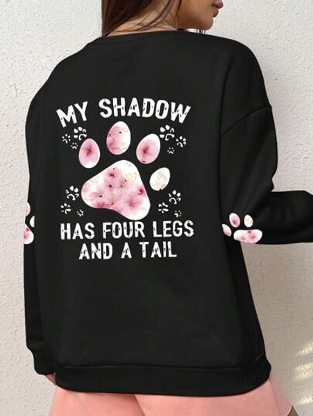 SHEIN EZwear Plus Size Women Dog Paw Print Graphic Crew Neck Long Sleeve Pullover Hoodie, Casual For Autumn/Winter