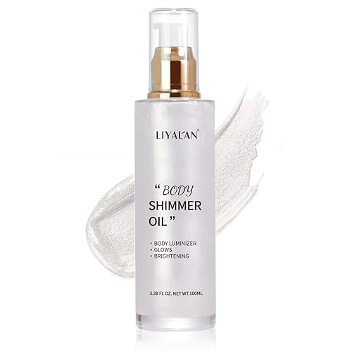 Liyalan Shimmer Body Oil Pearl White 5 Color Bronze Face Brighten Glow Highlighter Illuminator Body Makeup Shine Glitter Gold Liquid Taning (2.8 Fl Oz) - #01-Pearl White