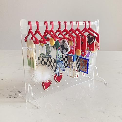 lemonadeus Cute Earring Rack Holder Coat Hangers Stand Unique Earring Closet Acrylic Earring Display Stand Earrings Organizer Ear Stud Holder (clear & red) - clear & red