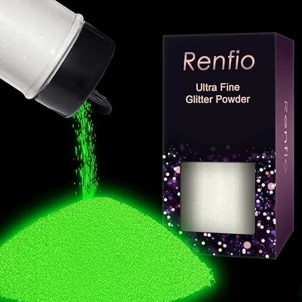 Renfio Glow in The Dark Glitter, 1.94oz 55g Luminous Ultra Fine Glitters Powder Glowing Glitter Epoxy Resin PET Flake 1/128" Halloween Glitter for Craft Supplies Tumbler Slime - White to Green