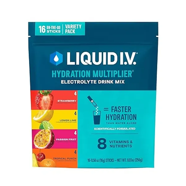 Liquid I.V.ยฎ Hydration Multiplier - Variety Pack - Lemon Lime, Passion Fruit, Strawberry, Tropical Punch | Electrolyte Powder Drink Mix | 1 Pack (16 Servings)