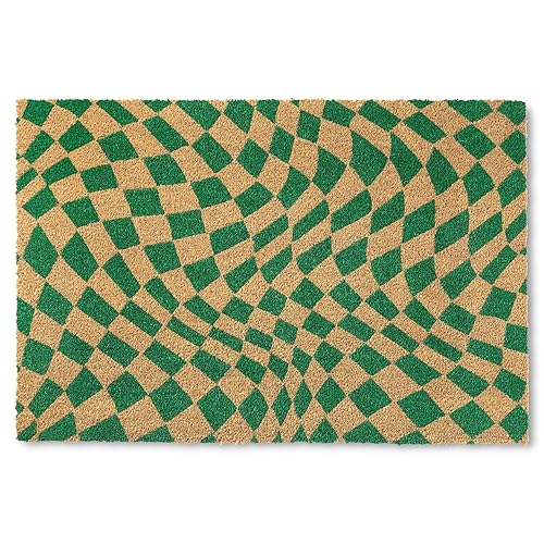 TOWN & COUNTRY TERRA Emmett Groovy Checkerboard Door Mat, Natural Coir, Heavyweight, Non-Slip Entryway Mat, Green, 24"x36" - Green - 24" x 36"