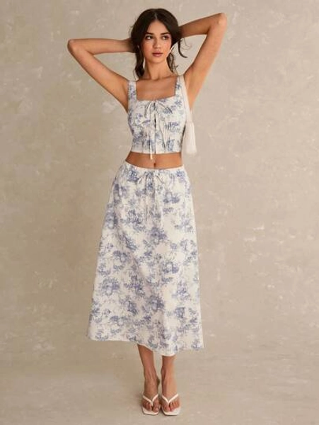 Poéselle Beach Outfits For Woman,Vacation Outfits Woman,2pcs Women Summer Elegant All-Over Allover Print Tank Top And Skirt Set,Poeselle