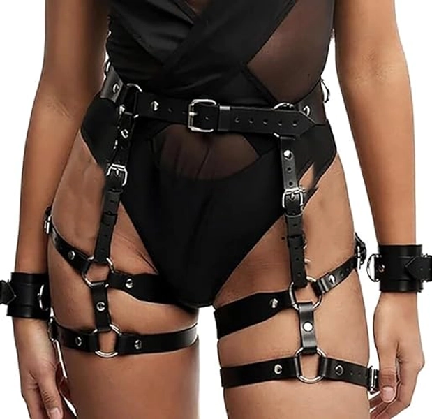Waist Belt Leg Garters with hancuffs Leather Body Belt Suspenders Lingerie Gothic Belts Sets with Handcuffs