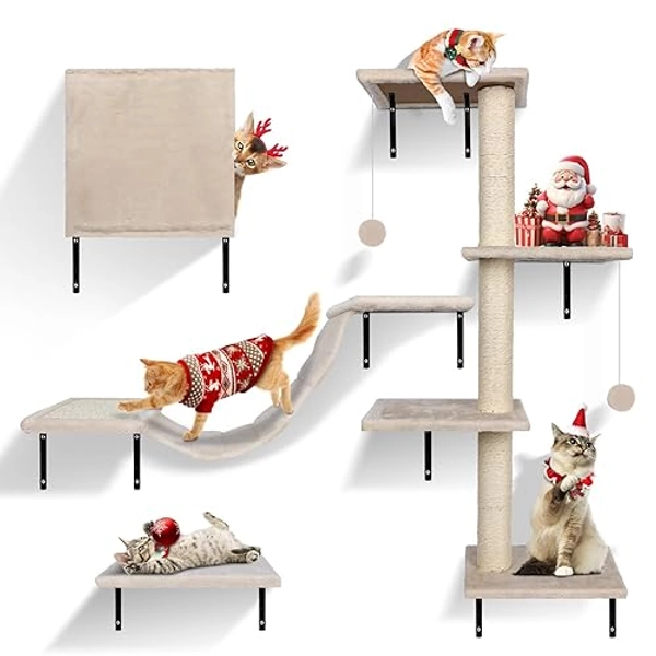 Zvonema Kletterwand für Katzen-10-teilig Katzen Kletterwand Set,Große Hängebrücke,Kratzsäulen mit Sisal,Ruhe und Spielwandregal mit Spurenkugel,Katzenmöbel für den Innenbereich bis 10 kg