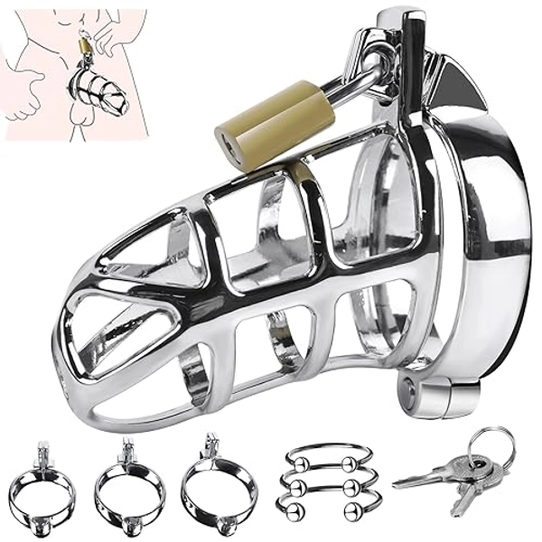 Male Chastity Cock Cage Sex Toy for Men, FEELKIDA Large Chastity Device with 3 Active Sizes Rings 3 Metal Cock Ring 2 Keys, Adult Toys for Men Penis Exercise and Abstinence