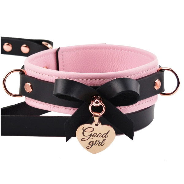 Blush Pink Leather Bow Collar & Leash | Custom Engraved Rose Gold Love Heart Pendant | Handcrafted BDSM Submissive Collar | Col49BlkPnkRgPnd