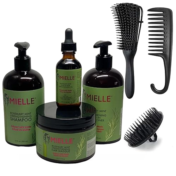 Rosemary Mint Shampoo and Conditioner set Bundle 7 Items: with MIELLE Rosemary Mint Collection MIELLE Shampoo, MIELLE Leave in Conditioner, MIELLE Hair Mask MIELLE Rosemary Mint Hair Oil Unibeauties Detangling Comb, Brush Shampoo Massage Brush