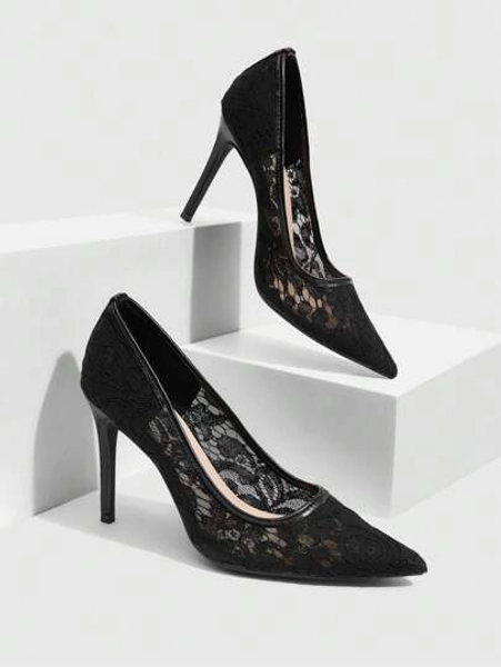 CUCCOO SZL Damesmode Zwarte Kanten Materiaal Sexy Puntige Neus Stiletto Hoge Hak Pumps, Geschikt Voor Woon-werkverkeer, Daten, Feest, Vakantie, Bruiloft En Andere Gelegenheden